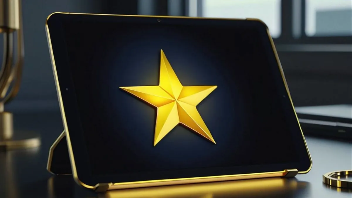 Tablet con una estrella dorada luminosa en pantalla azul oscura sobre el escritorio