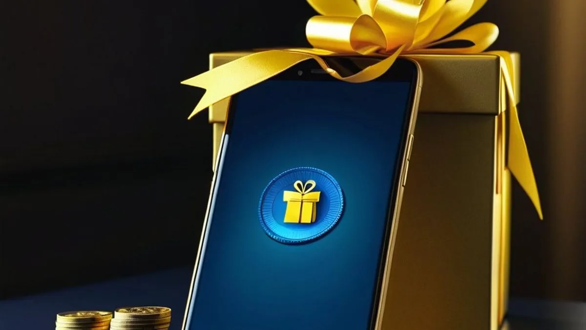 Celular con el icono de un regalo en pantalla junto a una caja con moño dorado y monedas