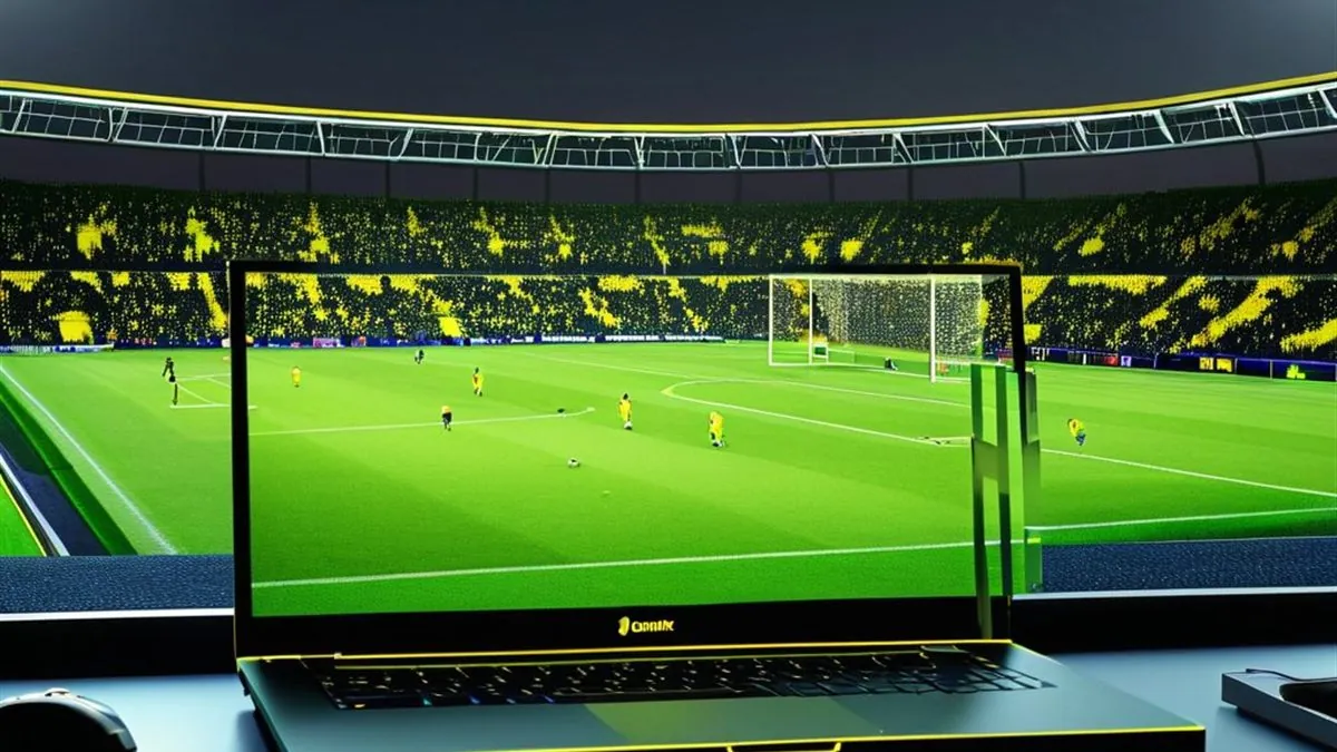 Laptop con un partido de futbol en pantalla frente a un estadio iluminado de noche