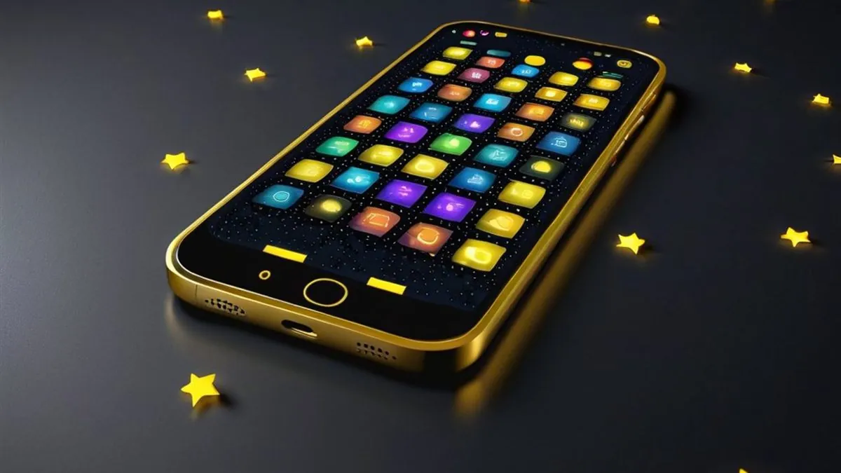 Celular dorado sobre una mesa oscura con iconos de juegos de colores y estrellas alrededor